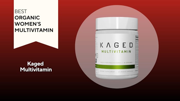 A red background with a banner reading "Best Organic Women's Multivitamin" next to a white and lime green bottle that says Kaged Multivitamin in black and green text